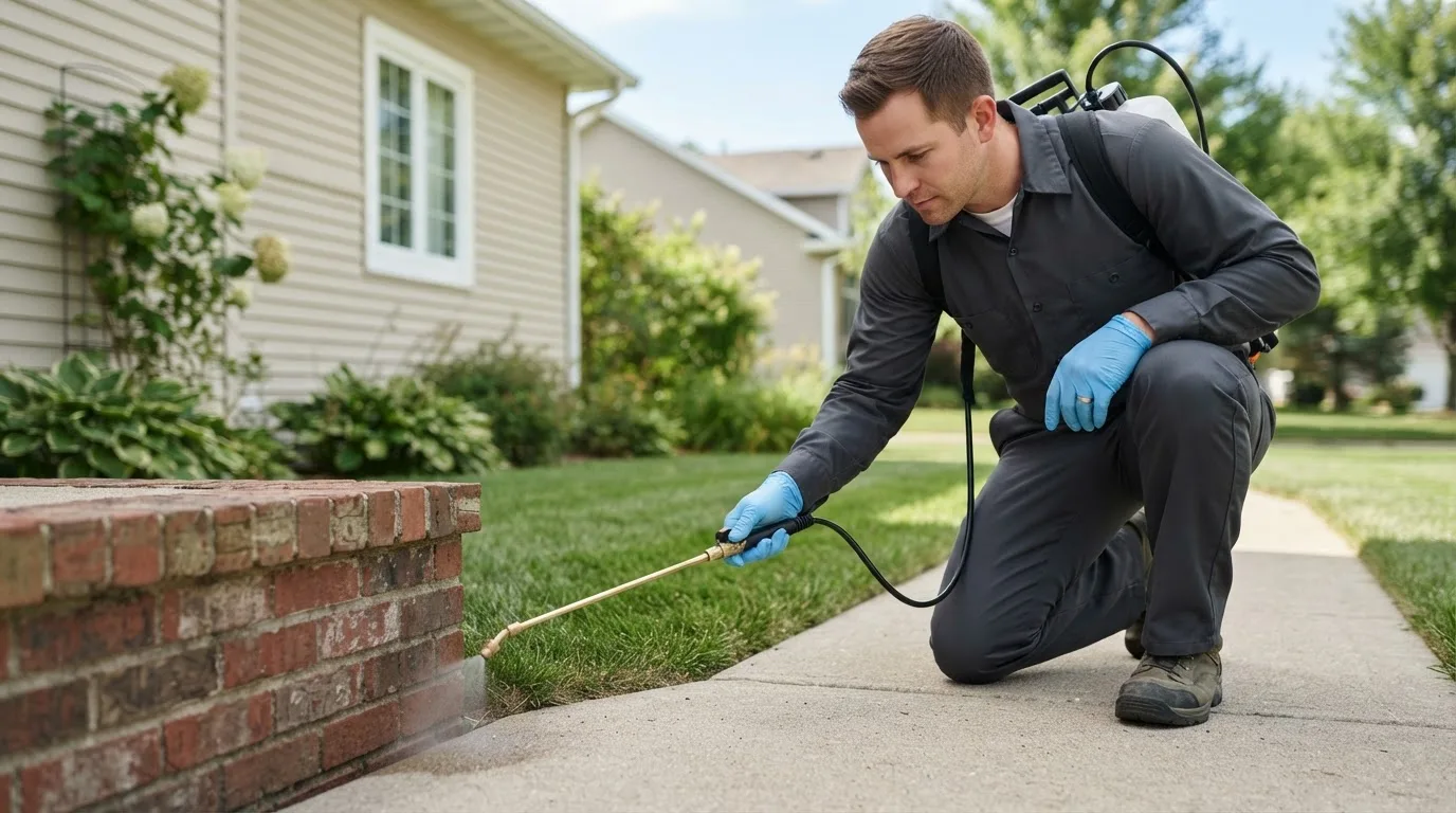 Pest control technician treating a home near Wellsburg, IA