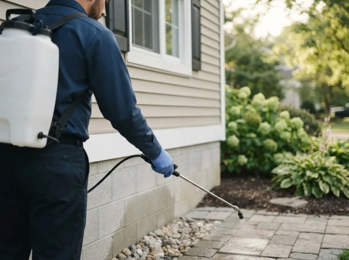 Pest control technician inspecting a home in Wellsburg, IA